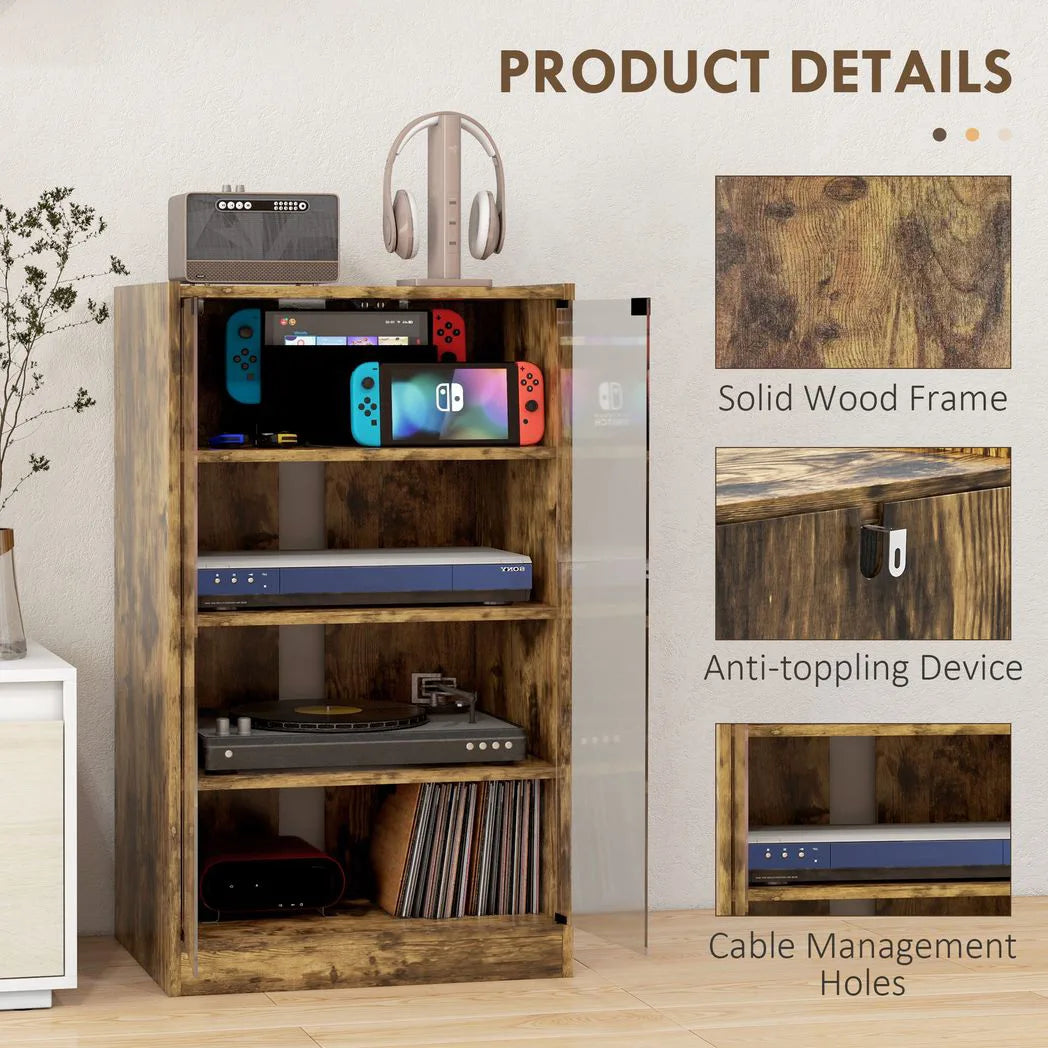 HOMCOM 4-Tier Hi-Fi Stand,  Record Player Stand with Adjustable Shelves and Push-to-Open Glass Doors, Rustic Brown