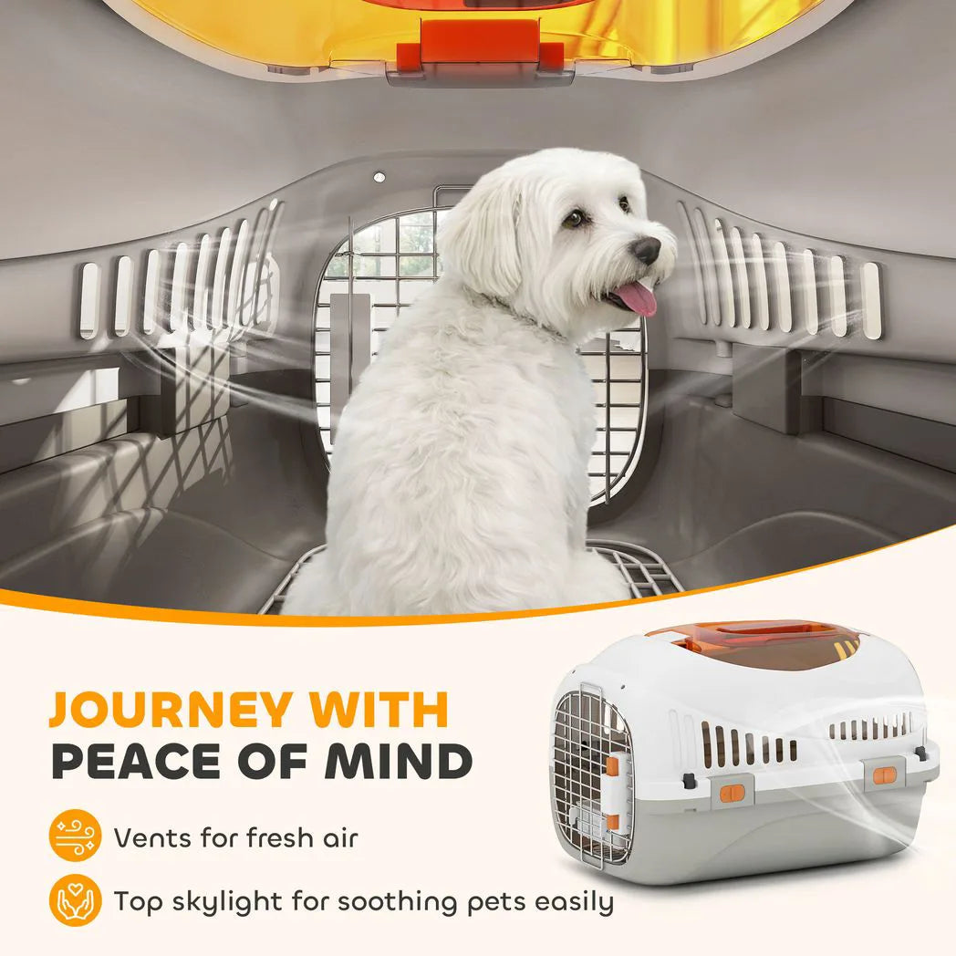 PawHut Plastic Pet Carrier Hard Shell Dog Cat Carrier Max 4 KG Steel Door Feed Bowl Secure Lock 49 x 32 x 31 cm
