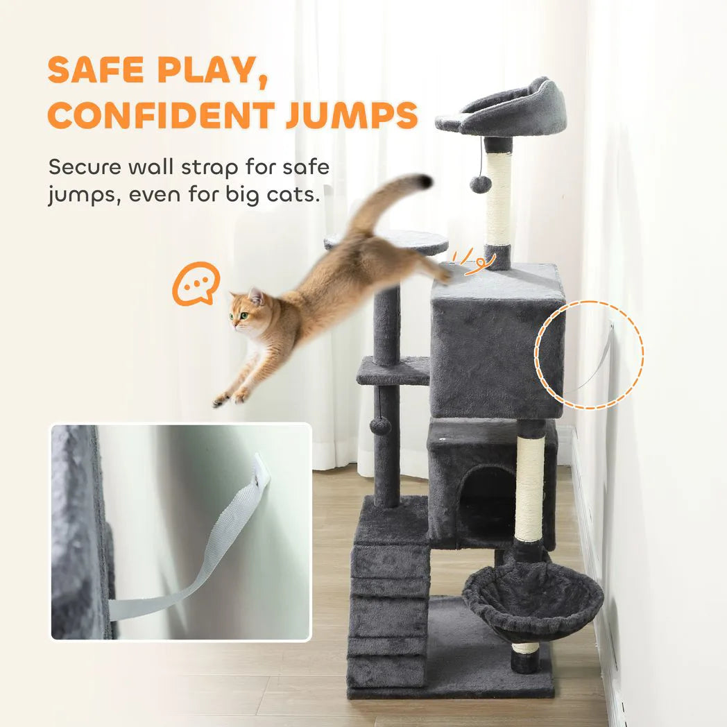 PawHut 160cm Large Cat Tree Tower with Sisal Scratching Posts, Condos, Plush Perches, Hammock, Ladder, Dark Grey