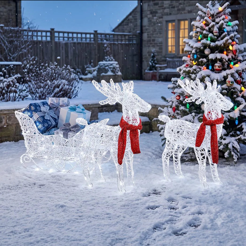 Two Reindeer Pulling Sleigh Lighted Christmas Decor 2.4ft, 240 White LED PVC Décor, UK Plug 31V 3.6W