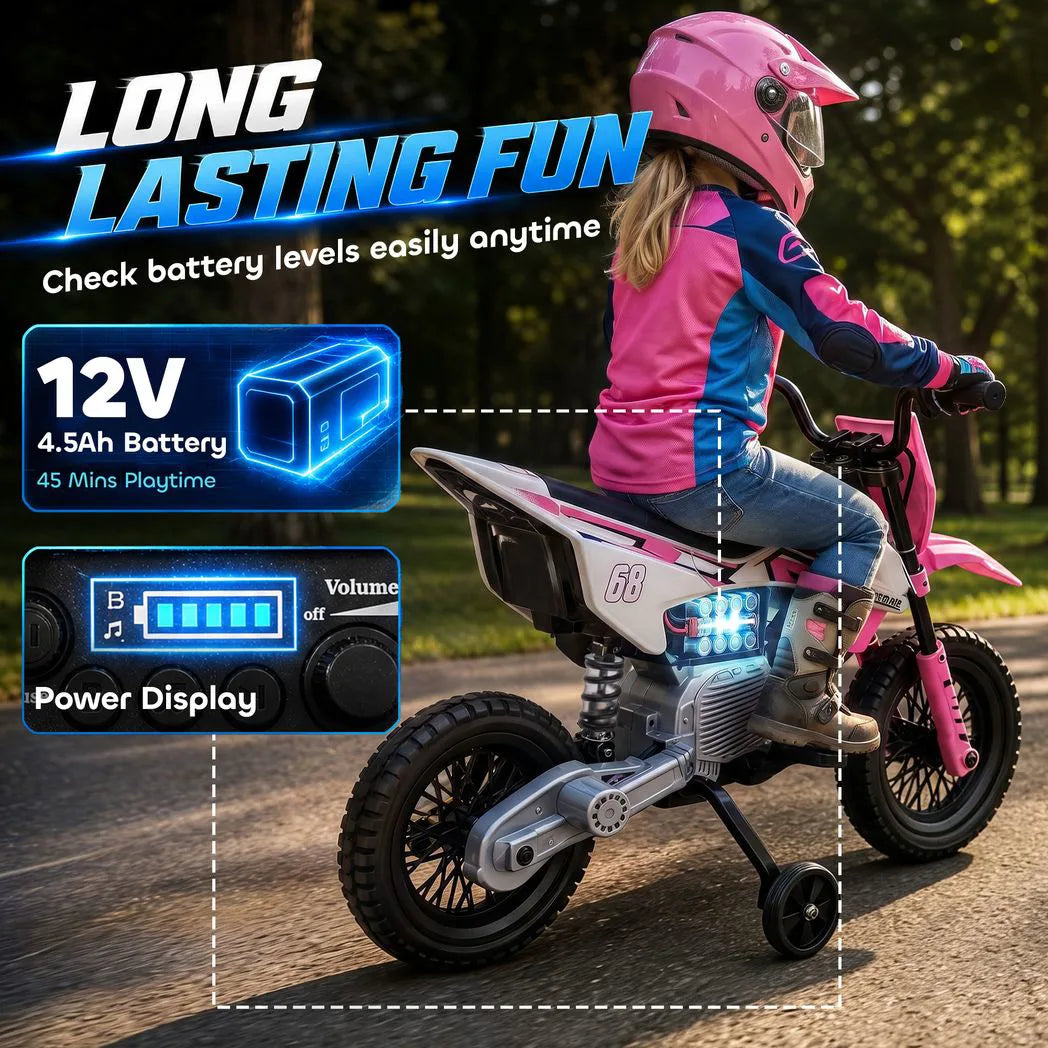 AIYAPLAY Kids Electric Motorcycle, 12V Ride On Motorbike with Training Wheels, Soft Start, Suspension, Music for 3?6 Years, Pink