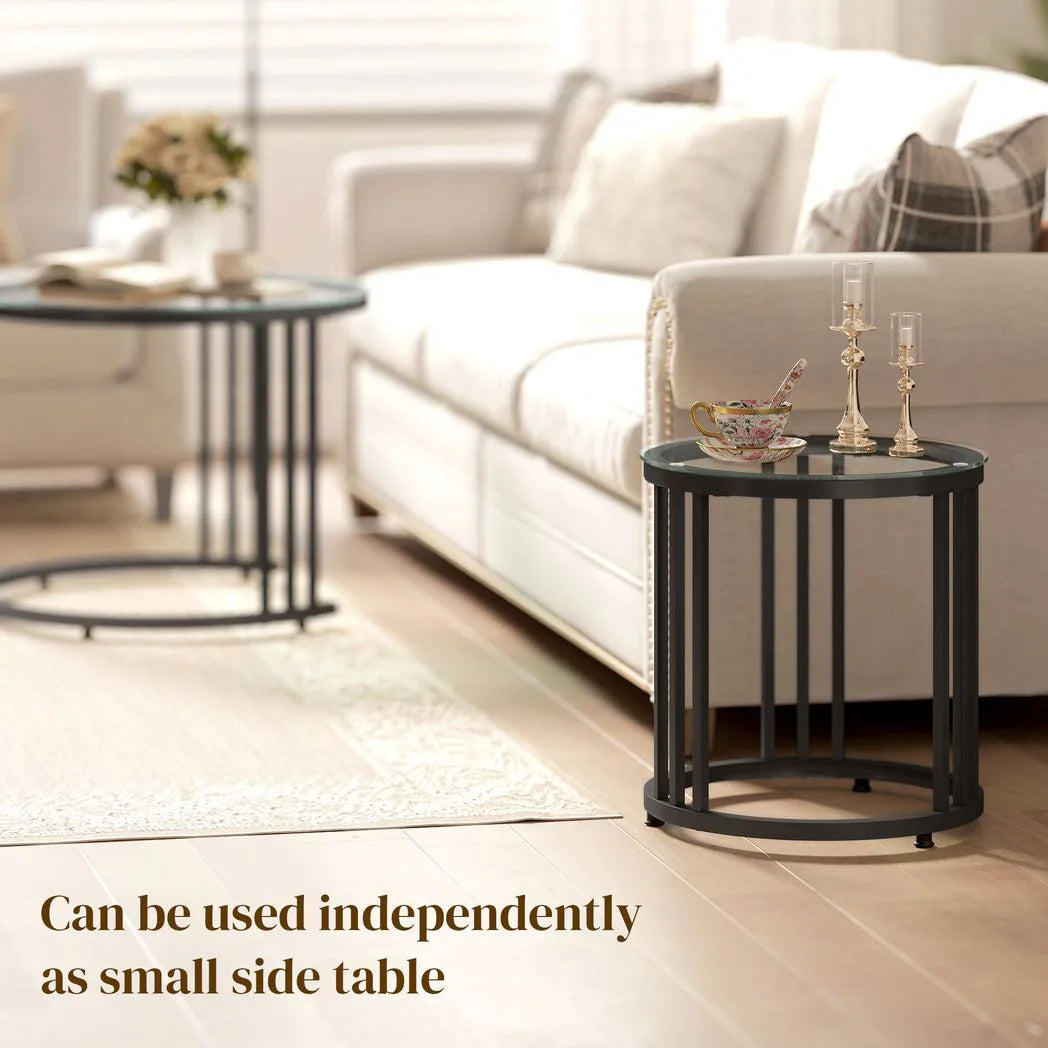 HOMCOM Round Coffee Tables Set of 2, Nesting Tables with Tempered Glass Top and Steel Frame, Black