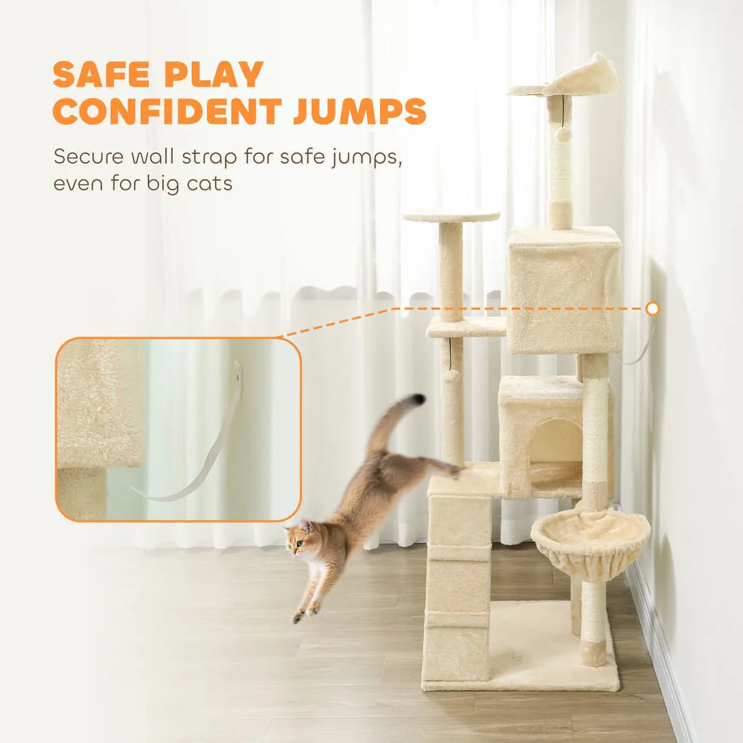 PawHut 180cm Large Cat Tree Tower with Sisal Scratching Posts, Condos, Plush Perches, Hammock, Ladder, Beige