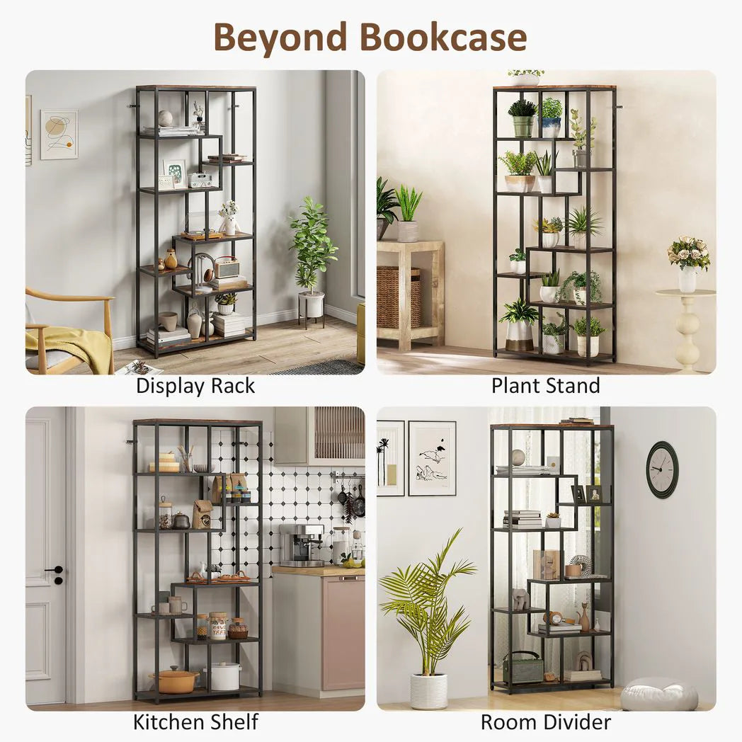 HOMCOM Seven-Tier Geometric Bookcase - Brown/Black