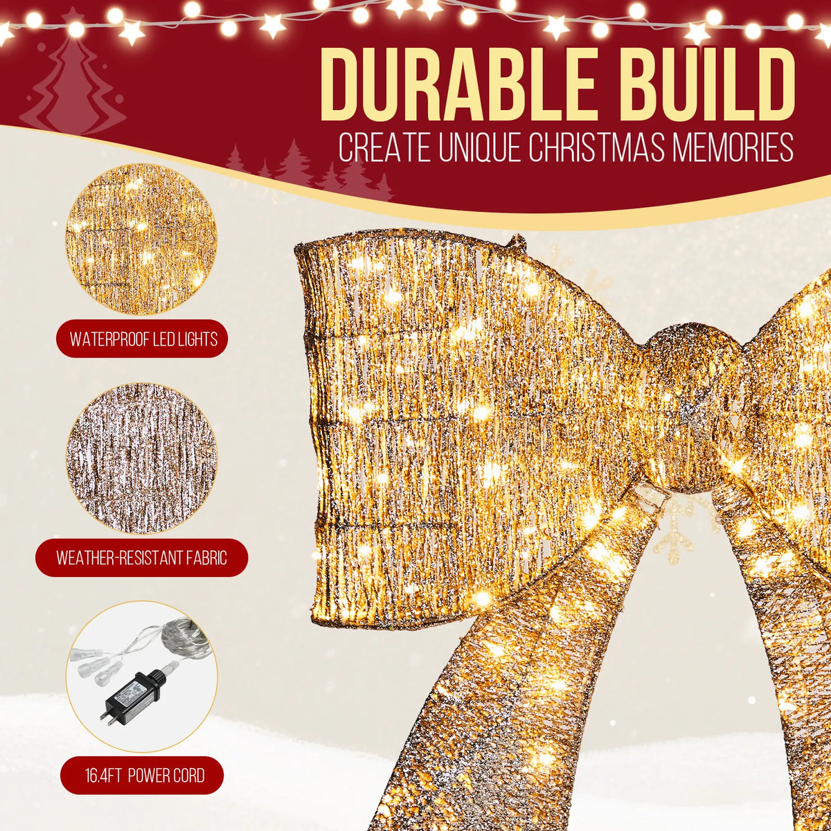 Pre-lit Outdoor Giant Bowknot Christmas Decoration, Lighted Metal Frame with 124 Warm White LED Lights, for Front Door Gate Wall Indoor Outdoor Holiday Party, Golden
