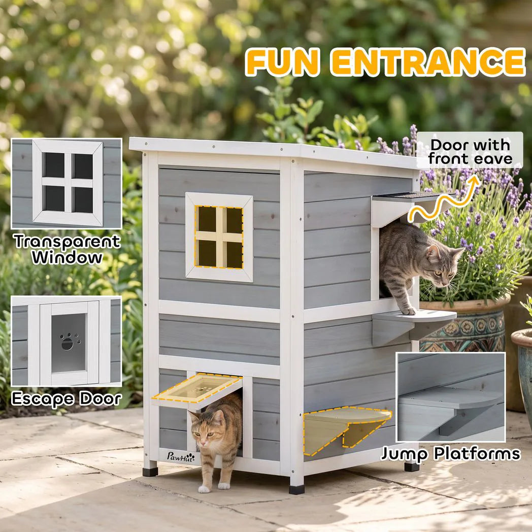 PawHut Wooden Cat House 2-Floor Outdoor Kitten Shelter with 3 Doors and Window Grey