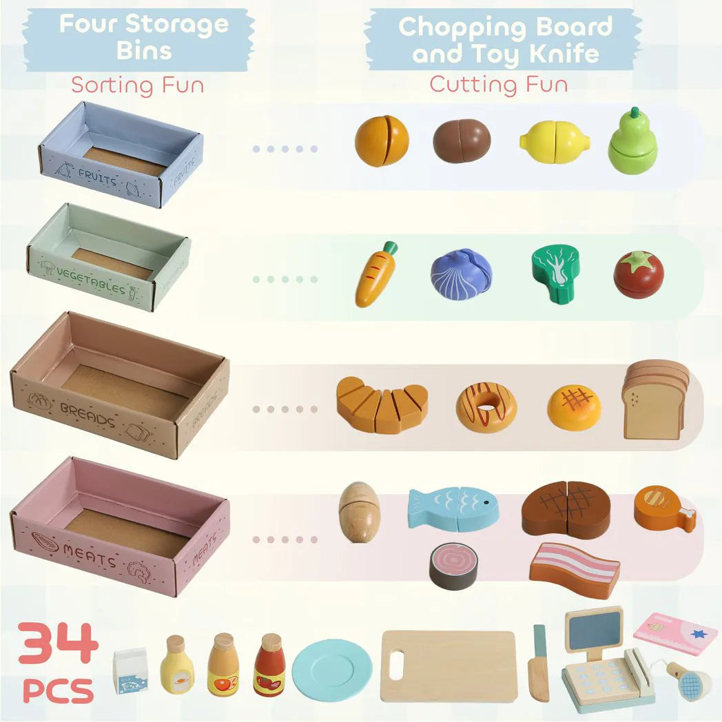 AIYAPLAY Wooden Toy Shop, Wooden Market Stall with Cash Register, Blackboard and Toy Food, 4 Storage Boxes, Ages 3, Green