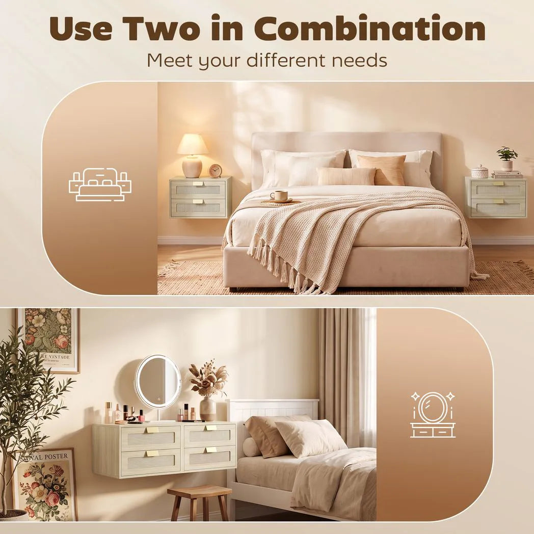 HOMCOM Modern Floating Nightstands Set of 2, Wall Mounted Bedside Tables with 2 Drawers, Oak