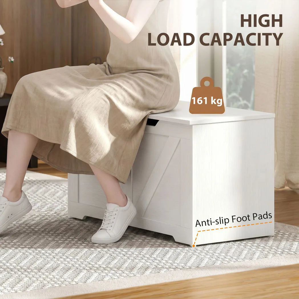 HOMCOM 100L Home Storage Box, with Safety Hinge - White Wood-Effect