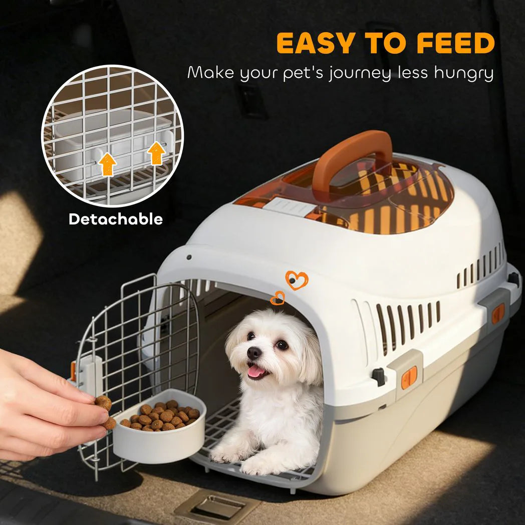 PawHut Plastic Pet Carrier Hard Shell Dog Cat Carrier Max 4 KG Steel Door Feed Bowl Secure Lock 49 x 32 x 31 cm