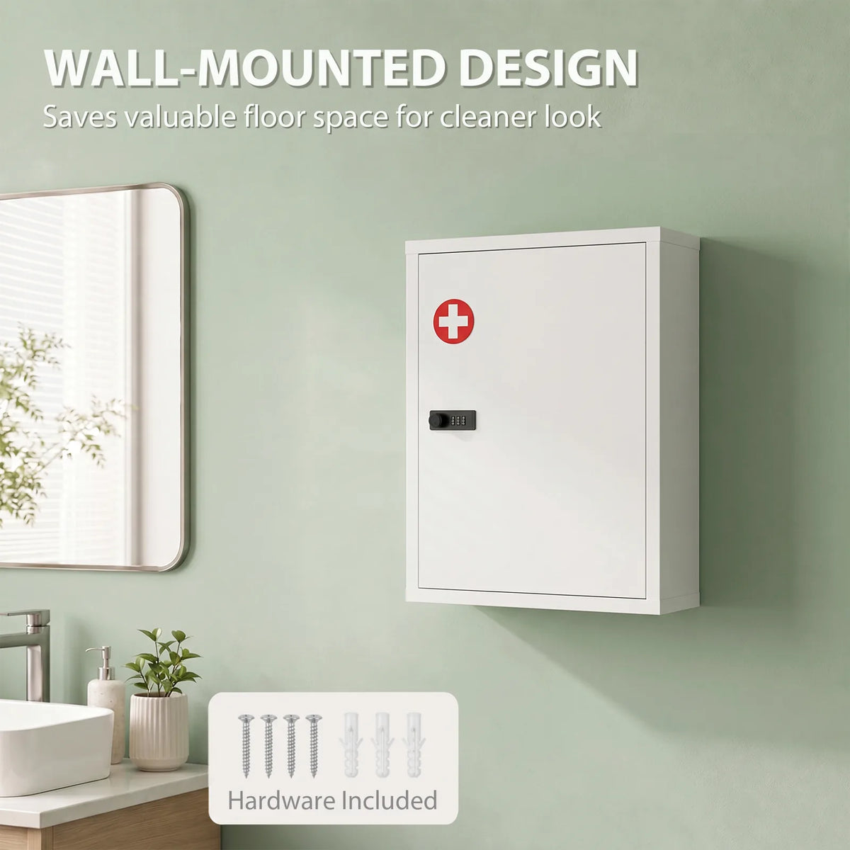 HOMCOM Wall Mount Medicine Cabinet, Bathroom Cabinet with Combination Lock, Door and Storage Shelves, White