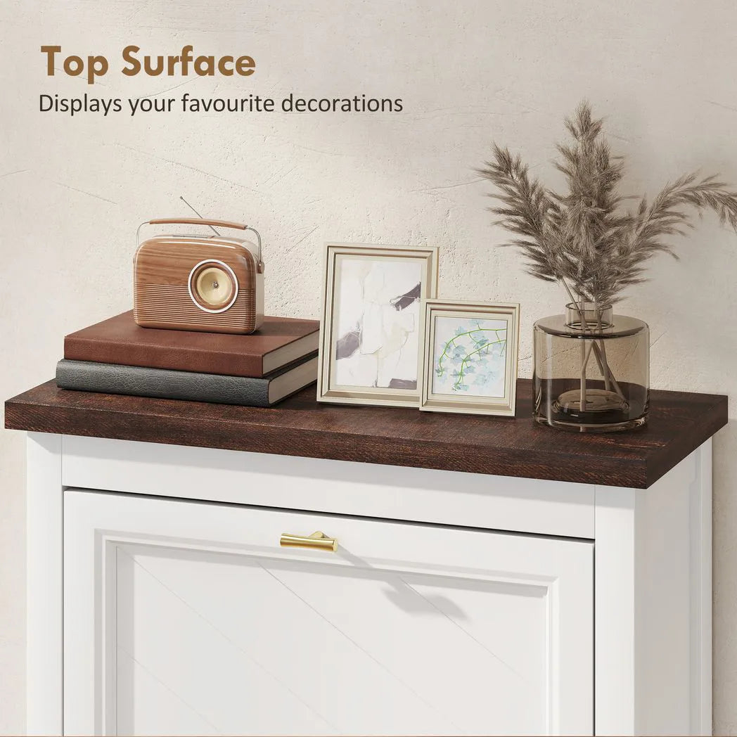 HOMCOM Shoe Cabinet with 2 Flip Drawers, Farmhouse Narrow Shoe Storage Cabinet with Adjustable Shelves, White