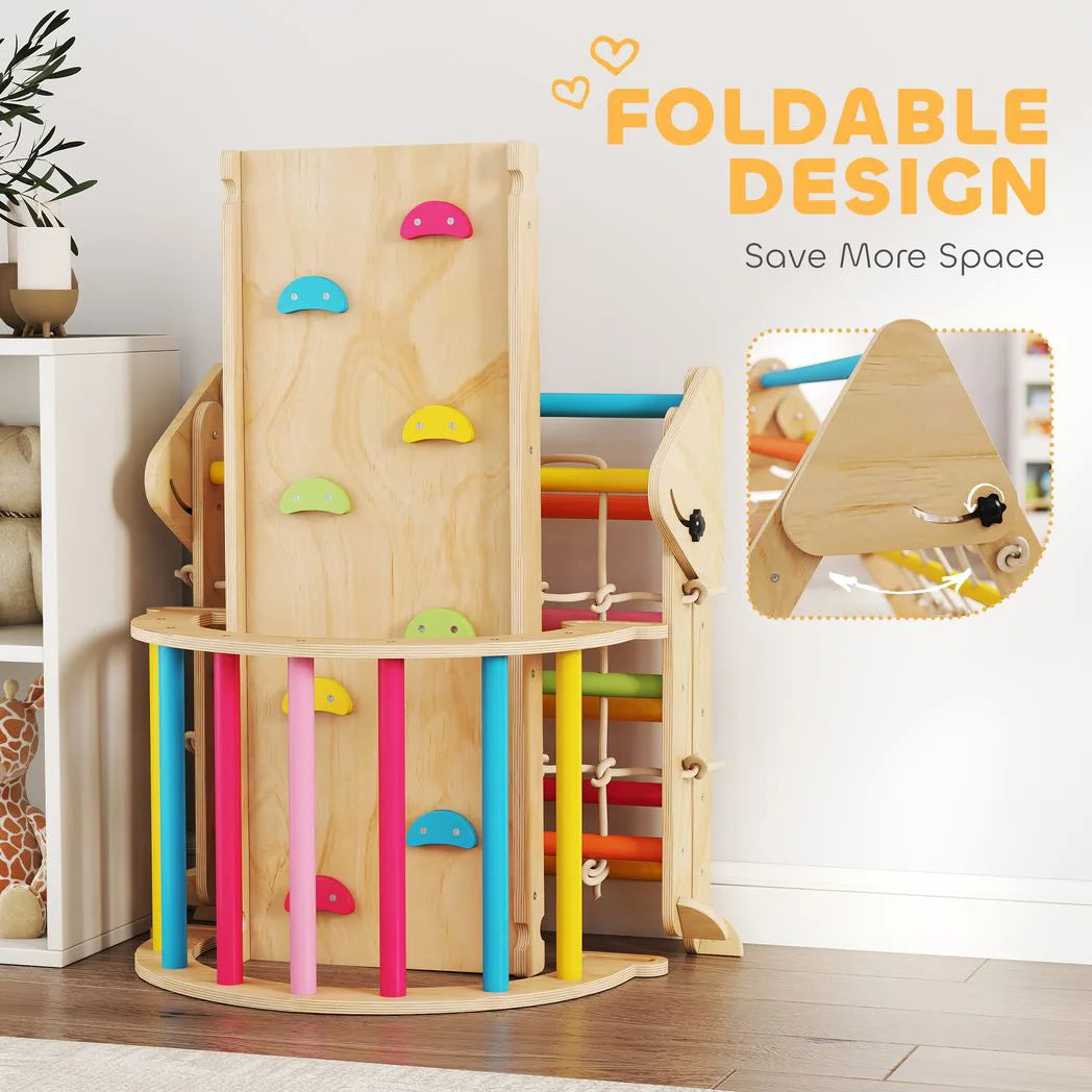 AIYAPLAY 8-in-1 Toddler Climbing Frame, Indoor Play Triangle Set with Slide, Arch and Triangle Ladder, Multicolour