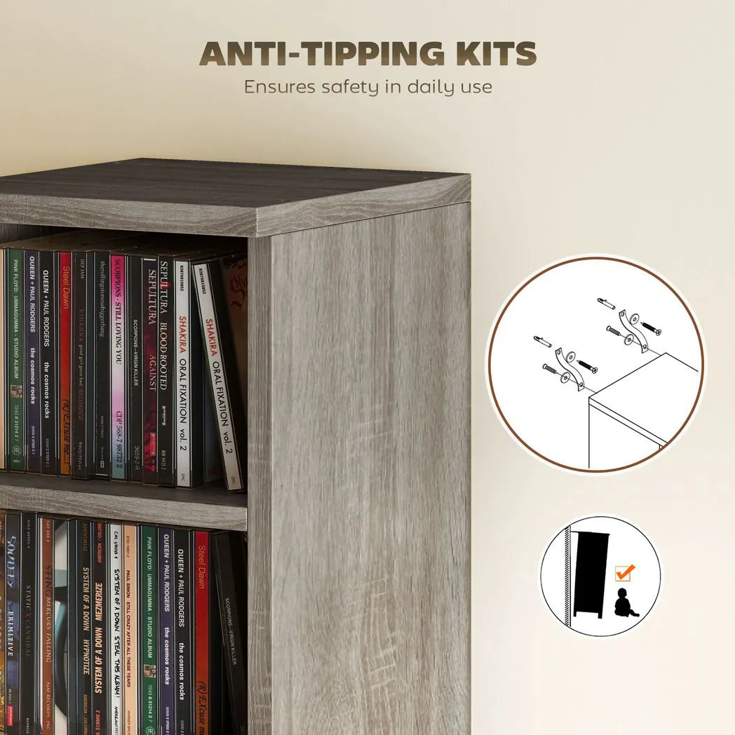 HOMCOM Set of 2 CD Media Display Shelf Unit Tower Rack with Adjustable Shelves, Distressed Grey