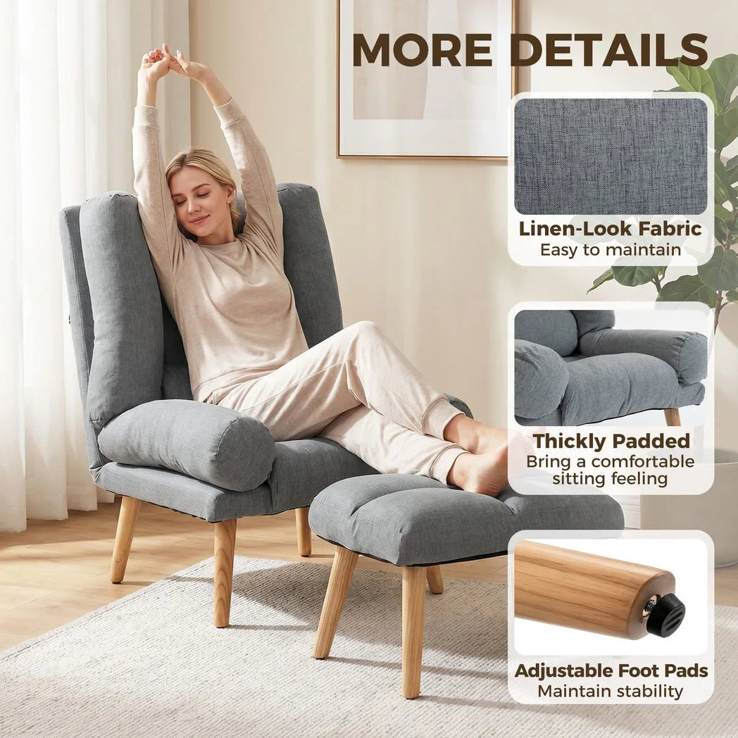 HOMCOM Recliner Chair with Footstool, Recliner Armchair with Adjustable Backrest, Thick Cushion and Wooden Legs, Grey