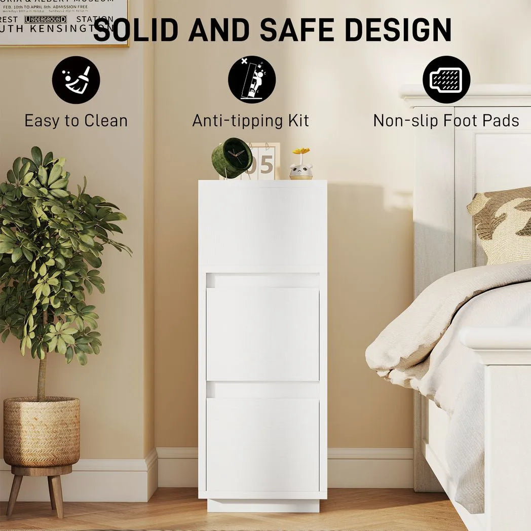 HOMCOM Slim Bedside Table, Narrow Bedside Cabinet with Open Shelf and 2 Drawers for Bedroom, Living Room, White