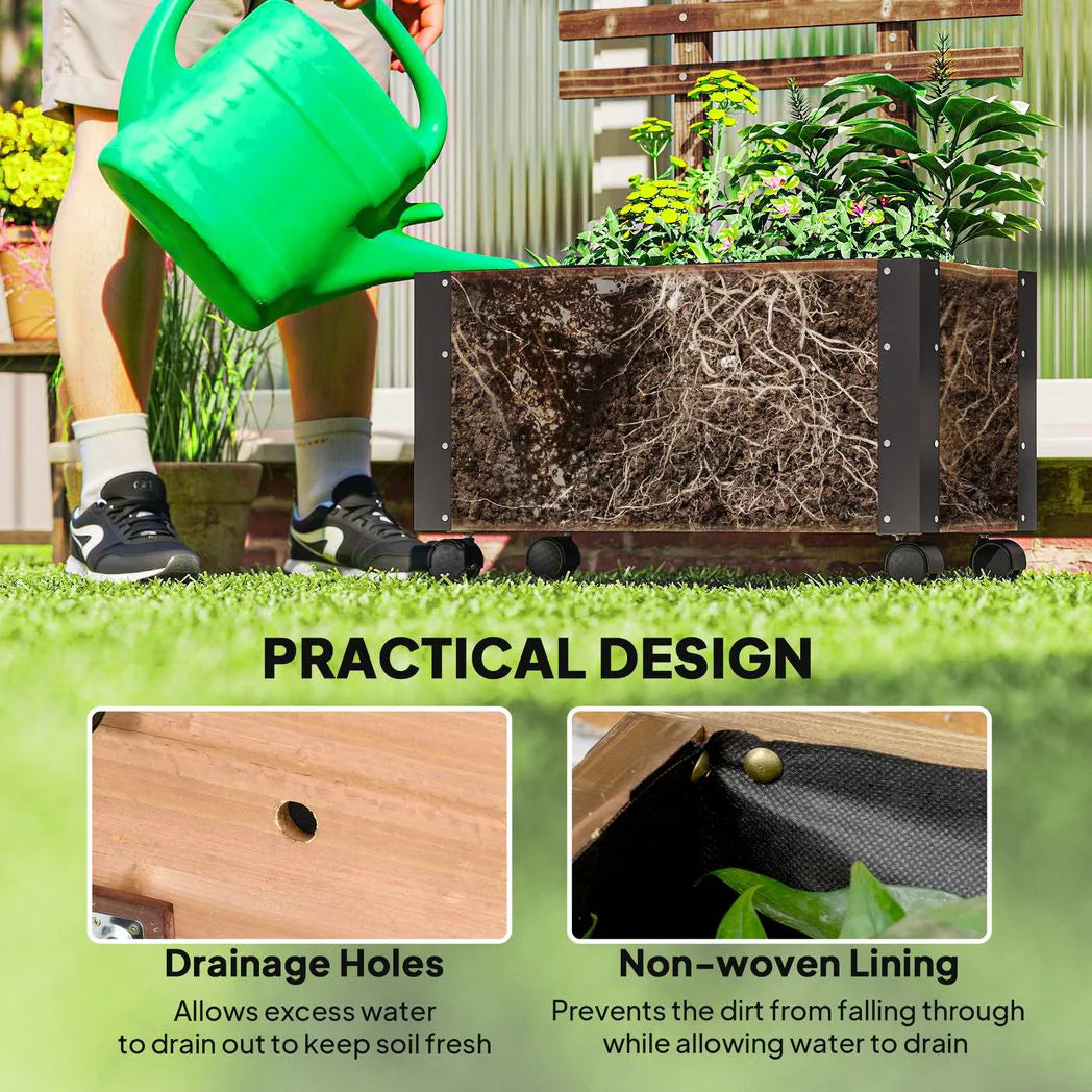 Outsunny Raised Garden Bed with Trellis, Outdoor Wooden Planter Box with Metal Corners and Wheels, Raised Bed for Garden