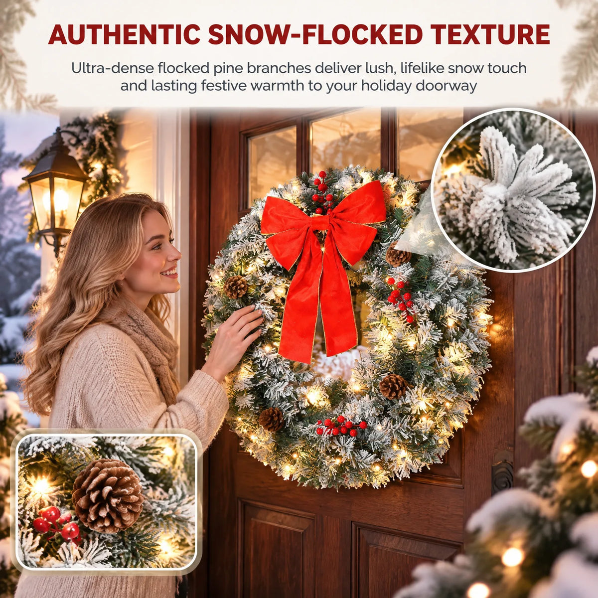 36in Pre-lit Snow Flocked Christmas Wreath, Lighted Artificial Xmas Wreath with 100 Warm Lights and 300 PVC Tips and Bow Red Berries Pine Cones, for Front Door Gate Wall Xmas Party Decorations