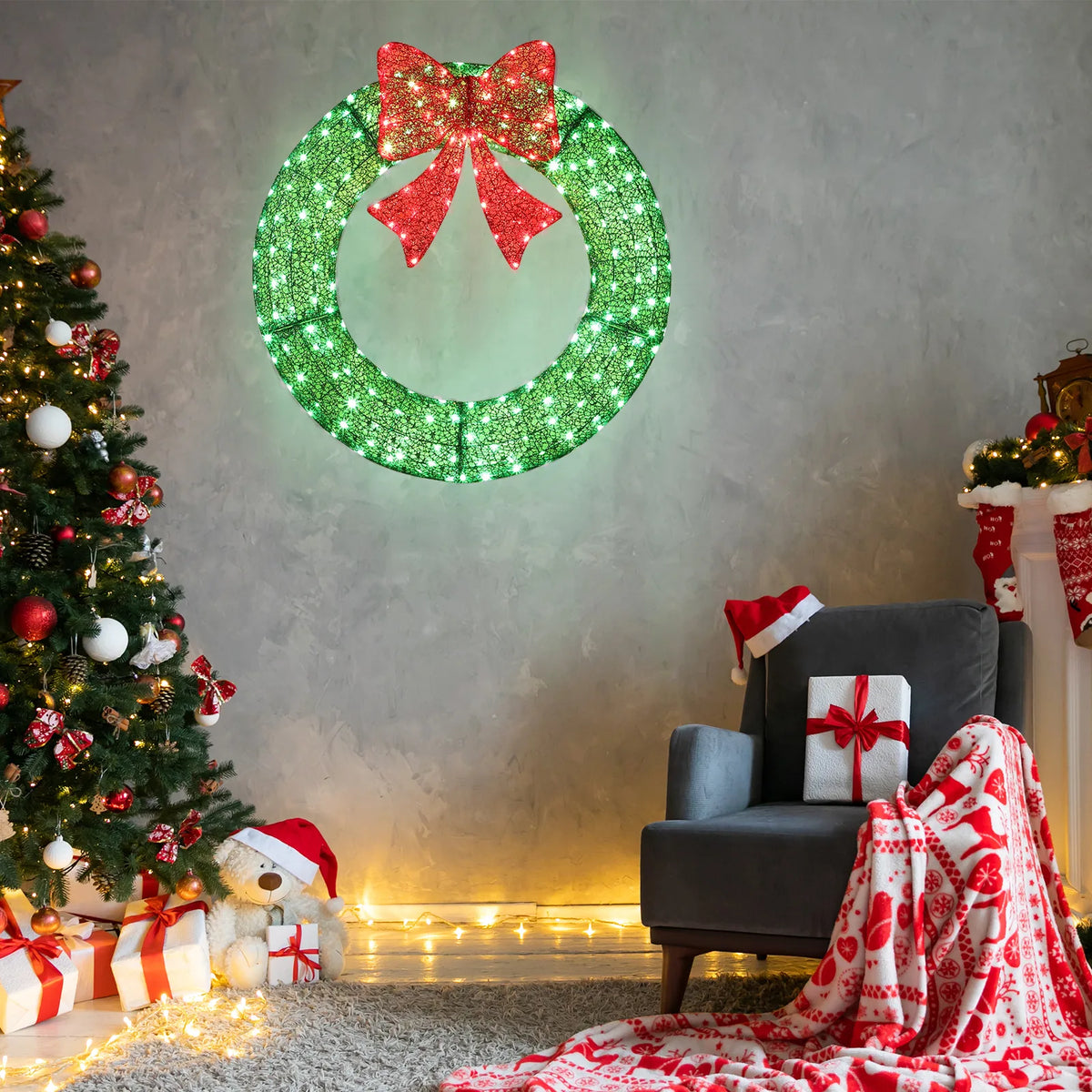 36in Pre-lit Outdoor Christmas Wreath Decoration, Lighted Metal Wreath with Red Bow, Remote Control LED Lights with Timer, for Front Door Gate Wall Indoor Outdoor Holiday Party