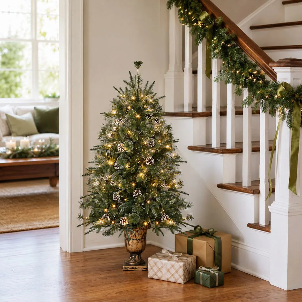 Green Pre-Lit Christmas Tree 4ft, 100 Warm White LED, 200 Branch Tips PVC+PE, 8 Light Modes with Remote, UK Plug 30V