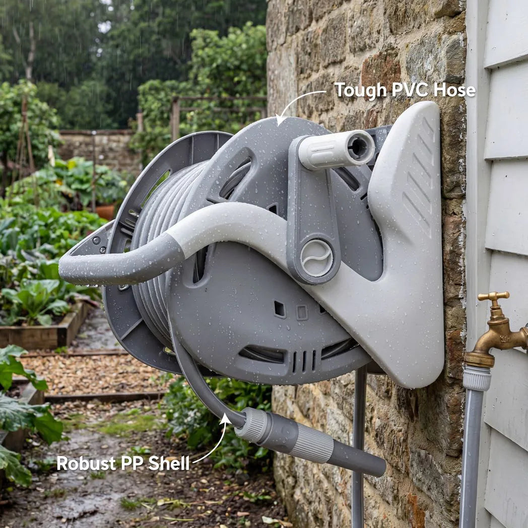 Outsunny Portable Garden Hose Reel, 20 m Wall Mounted Hose Reel with 2 Patterns Spray Nozzle and Crank Handle, Grey