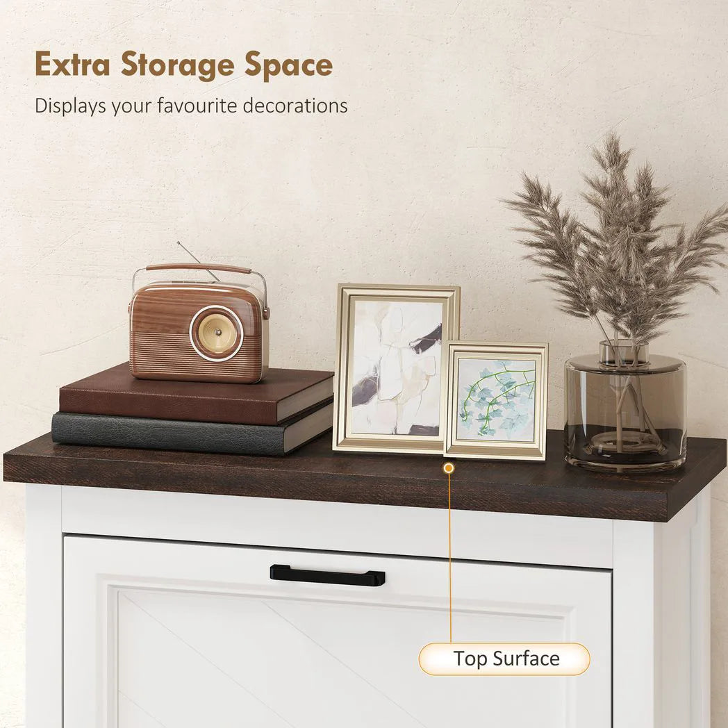 HOMCOM Shoe Cabinet with 2 Flip Drawers, Farmhouse Narrow Shoe Storage Cabinet with Adjustable Shelves, White