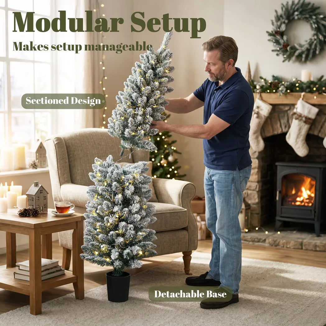 HOMCOM Prelit Snowy Flocked Artificial Christmas Tree Set of 3, Slim Xmas Tree with PVC Tips, 3FT??