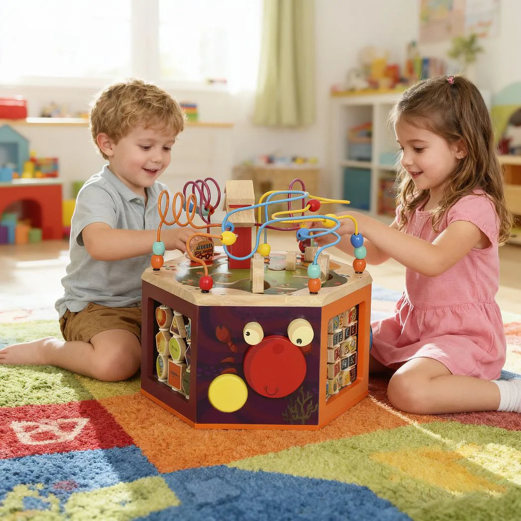 AIYAPLAY 8 in 1 Wooden Activity Cube with Bead Maze, Shape Sorter, for Kids Boys Girls 18 Months