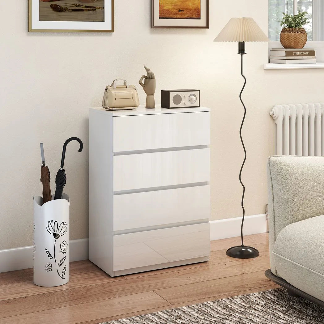 HOMCOM High Gloss Chest of Drawers, 4-Drawer Storage Cabinets, Modern Dresser for Bedroom, White