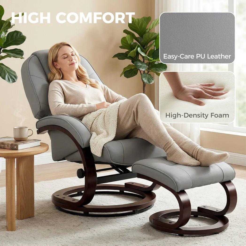 HOMCOM Swivel Recliner Chair with Footstool, PU Leather Recliner Armchair with Adjustable Back and Wood Frame, Grey