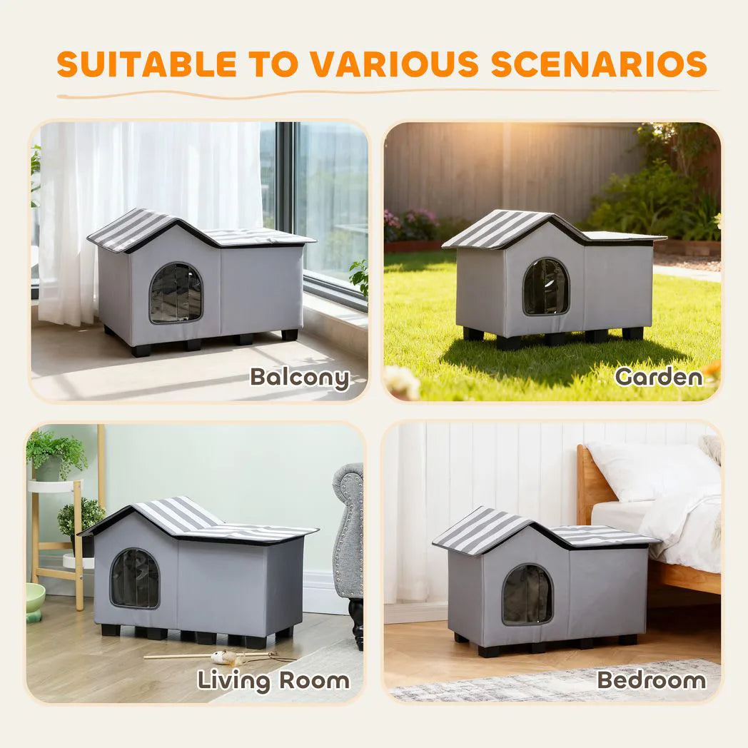 PawHut Outdoor Cat House, Weather Resistant Feral Cat Cave with Elevated Base and Cushion for Winter, Grey