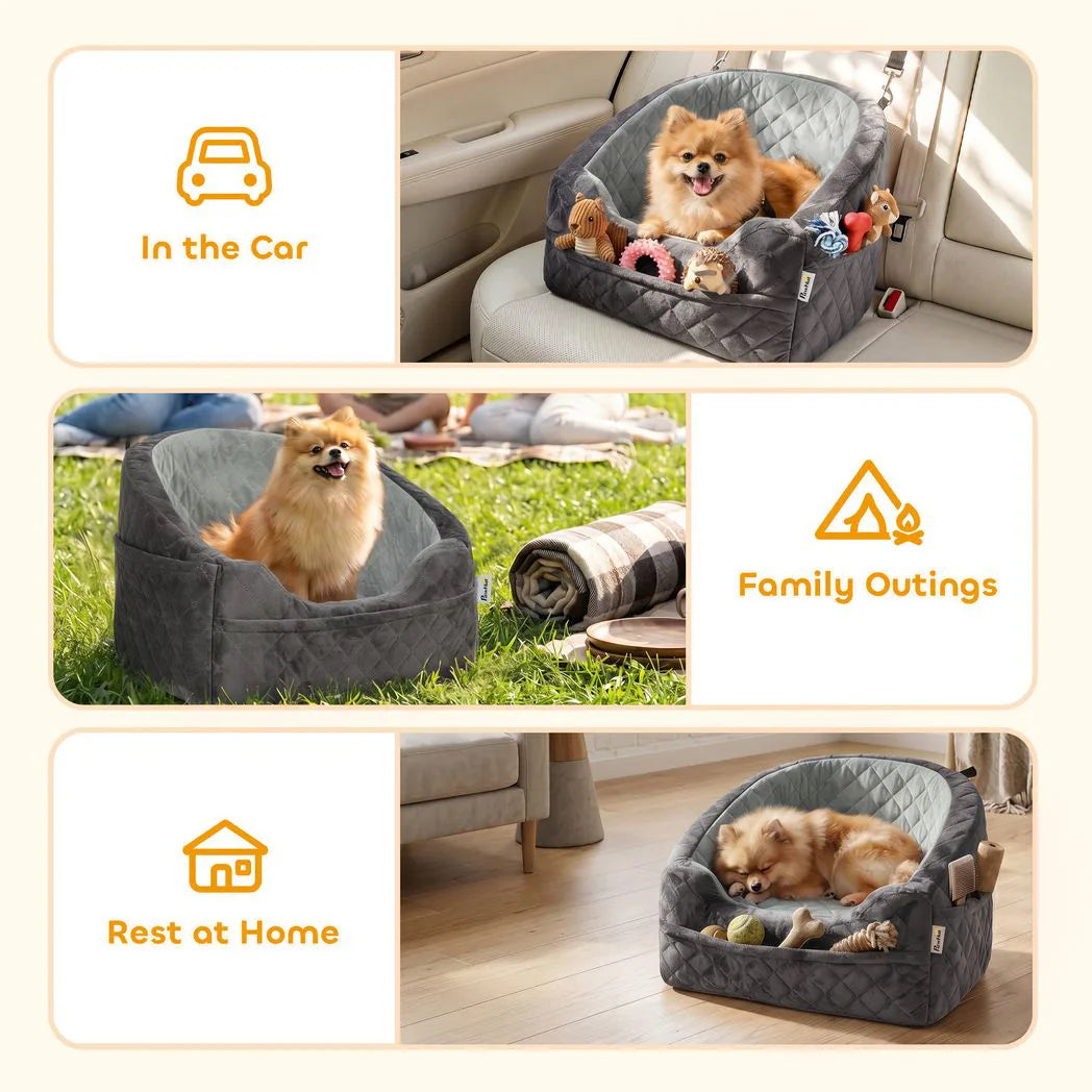 PawHut Dog Car Seat, Detachable Washable Dog Booster Seat with Thick Cushion, Seat Belt, Pockets for Small Under 10kg, Grey