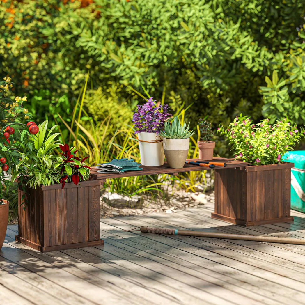 Outsunny Wooden Garden Planter & Bench Combination Garden Raised Bed Patio Park Carbonised Finish 176 x 38 x 40 cm