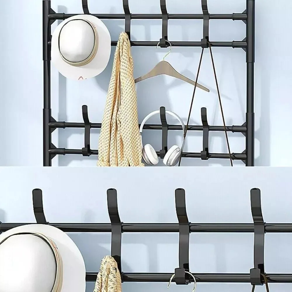 New Coat and Hat Stand 8 Hooks Metal Shoe Rack 5 Tiers Shelf Hanger Black