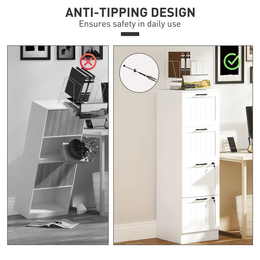 HOMCOM 4 Drawer Filing Cabinet with Lock, Office Storage Cabinet with Adjustable Hanging Bars for A4 Letter Size Files, White