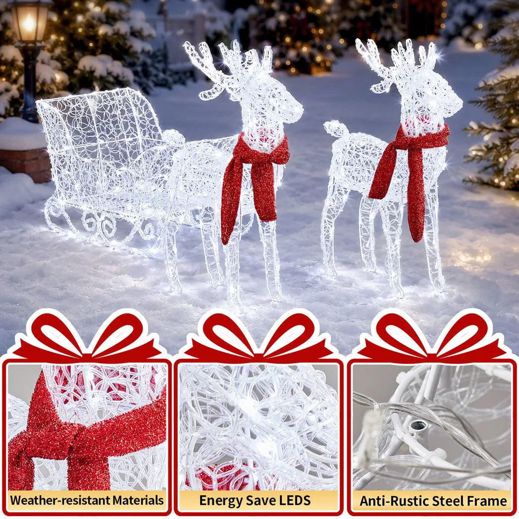 Two Reindeer Pulling Sleigh Lighted Christmas Decor 2.4ft, 240 White LED PVC Décor, UK Plug 31V 3.6W