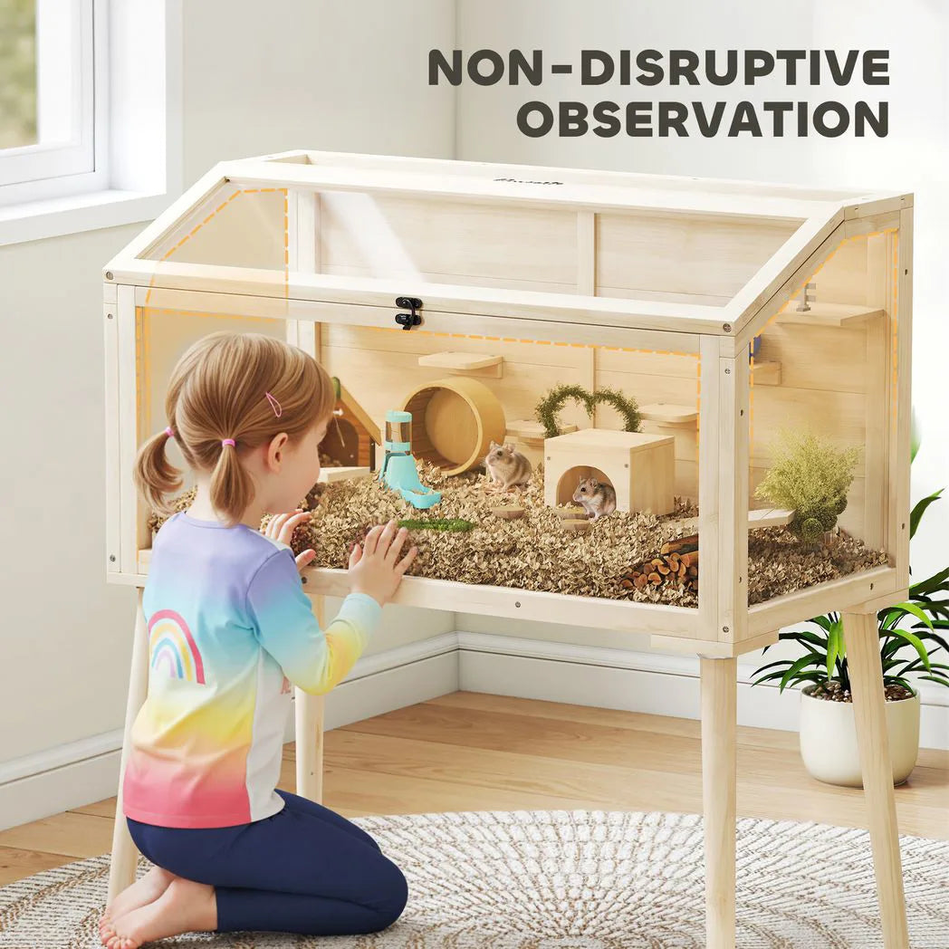 PawHut Wooden Hamster Cage, Hamster Habitat with Openable Top, Seesaws, Platforms, Water Bottle for Gerbils, 110 x 52 x 101 cm