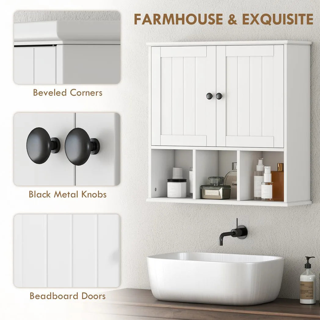 HOMCOM Farmhouse Bathroom Wall Cabinet, Wall Mounted Medicine Cabinet with Adjustable Shelf, Open Compartments, White