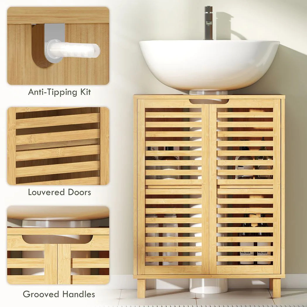 HOMCOM Under Sink Bathroom Cabinet, Freestanding Under Sink Cabinet with Louvered Doors and Adjustable Shelf, Natural