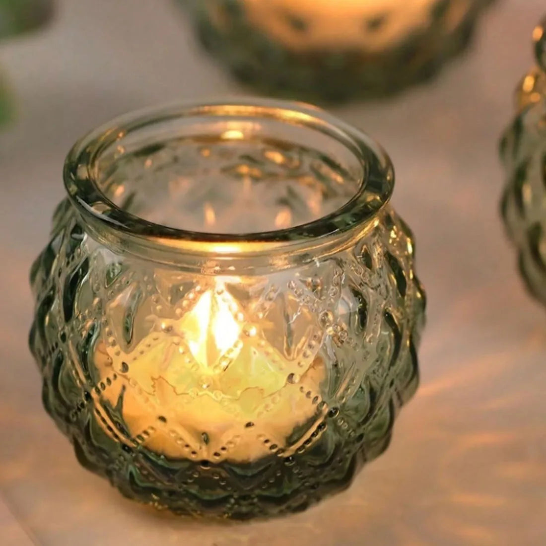 6pcs Green Glass Candle Holder Clear Glass Modern Round  Candle Holder pack