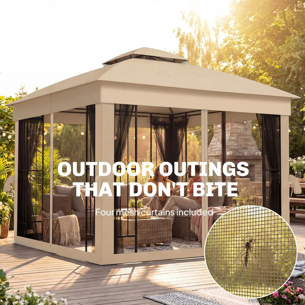 Outsunny 3 x 3 m Outdoor Garden Gazebo with Post Shelves, UPF50 Double Roof Patio Permanent Pavilion, Brown