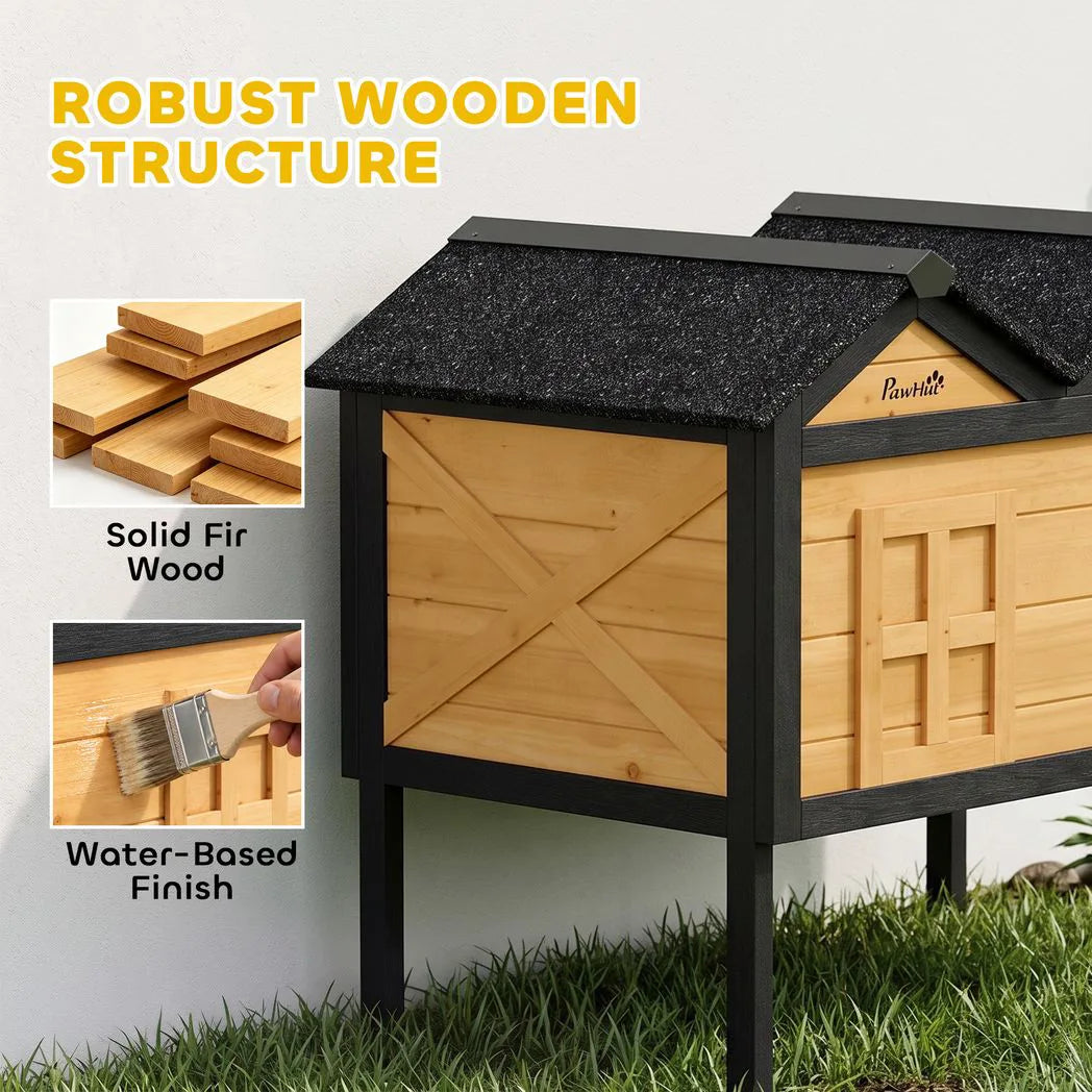 PawHut Wooden Cat House Outdoor Indoor with Weatherproof Asphalt Roof, Side Cleaning Door, PVC Curtain