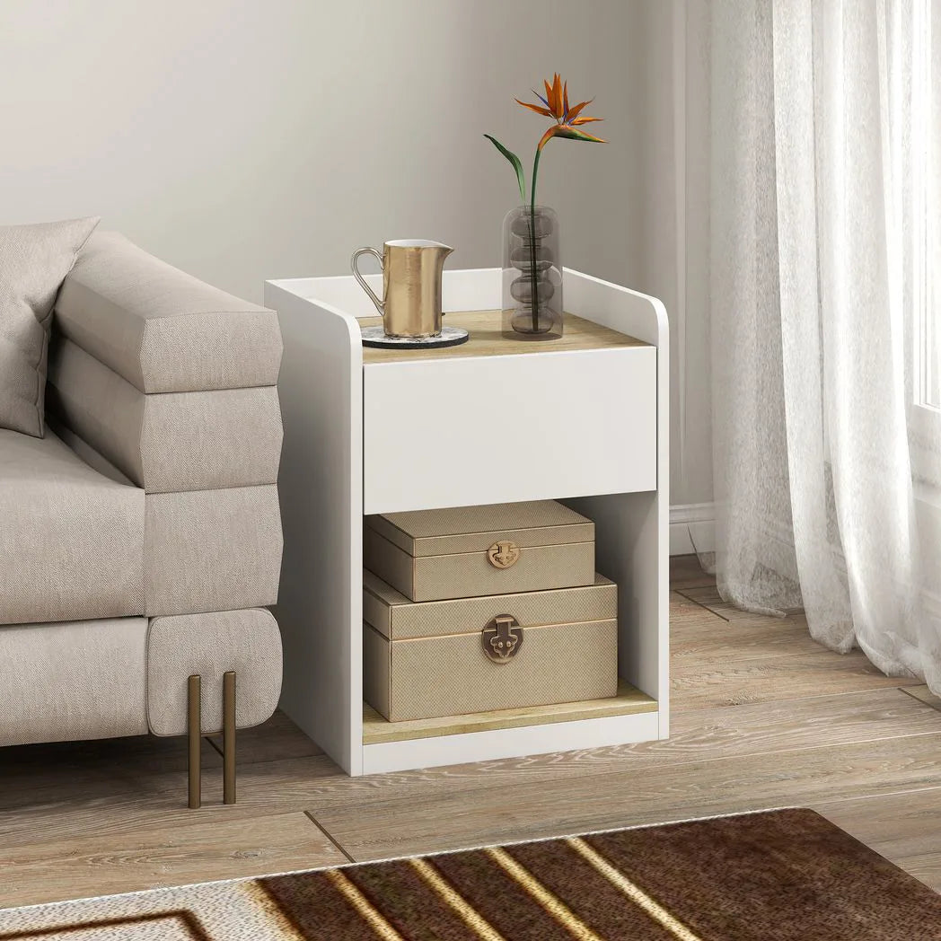 HOMCOM Modern Bedside Table, Slim Nightstand with Drawer, Shelf and Cable Holes, White and Oak