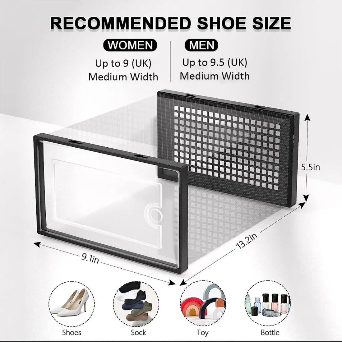Brand New 12-Piece Set of Clear Shoe Boxes/Storage Bins — Plastic, Stackable-Black