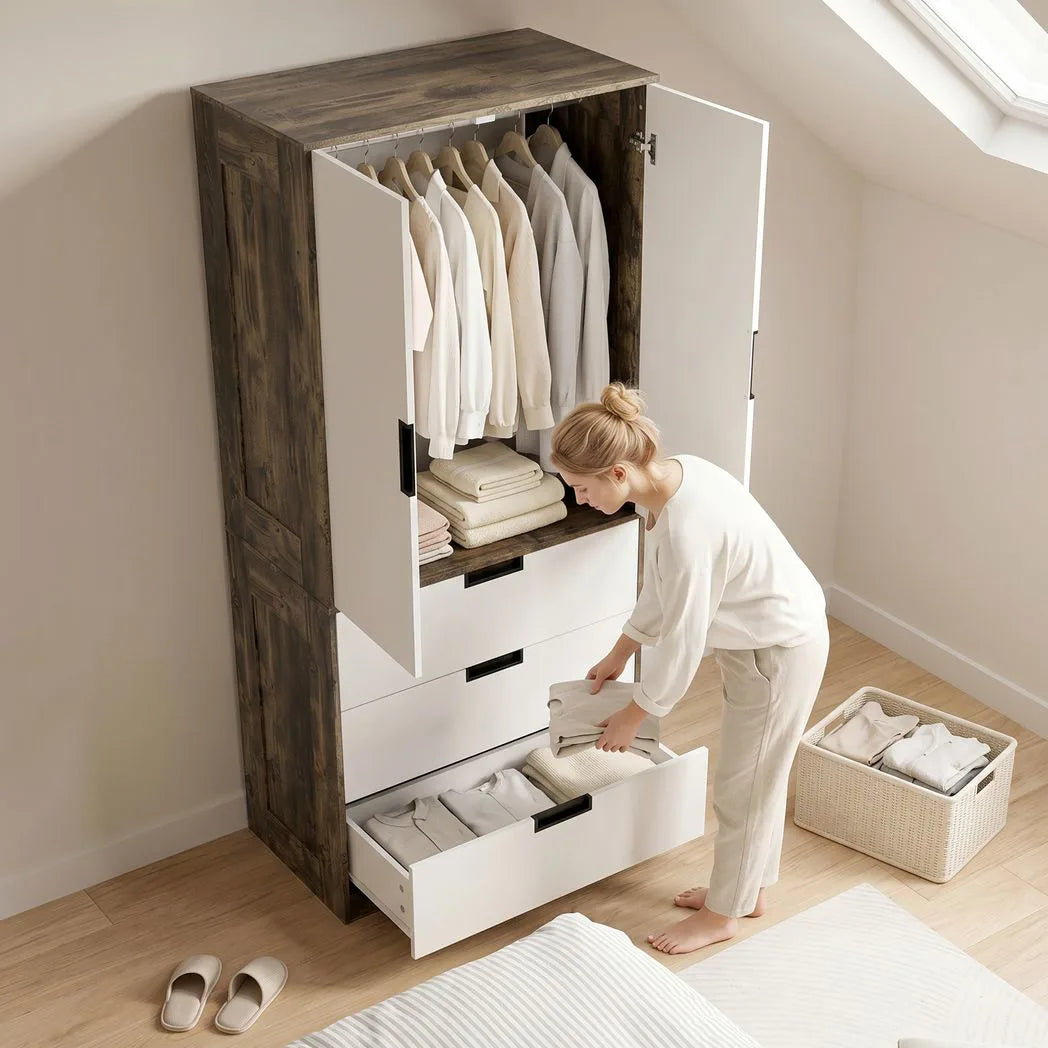 HOMCOM Modern Clothes Storage Cupboard Unit, 3 Drawer 2 Door Wardrobe with Hanging Rod, Rustic Brown