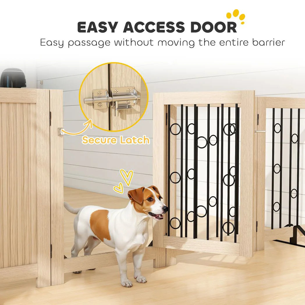PawHut 4 Panel Freestanding Pet Gate, Indoor Dog Barrier with Lockable Door, Support Feet, 360° Flexible Hinges, Oak