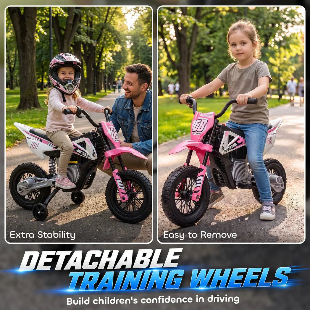 AIYAPLAY Kids Electric Motorcycle, 12V Ride On Motorbike with Training Wheels, Soft Start, Suspension, Music for 3?6 Years, Pink