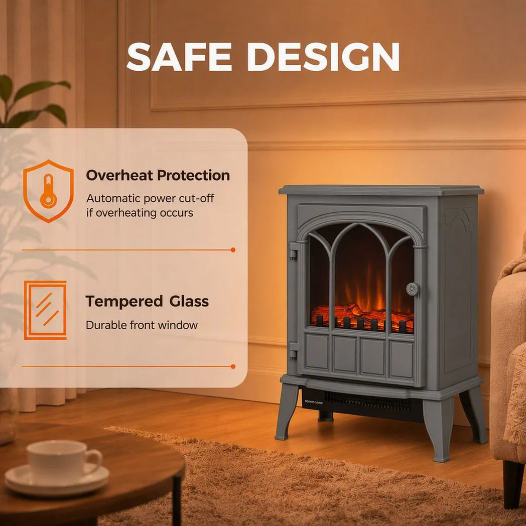 HOMCOM Freestanding Electric Fireplace, Electric Log Burner with LED Flame Effect, Overheating Safety System, 1000W/2000W Grey