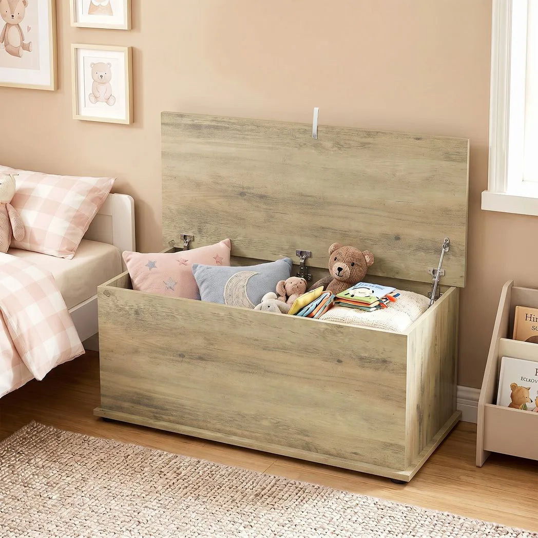 HOMCOM Large 114L Storage Chest Grey Wood Bench Trunk with Safety Lid for Bedroom Hallway and Living Room 100 x 40 x 40cm