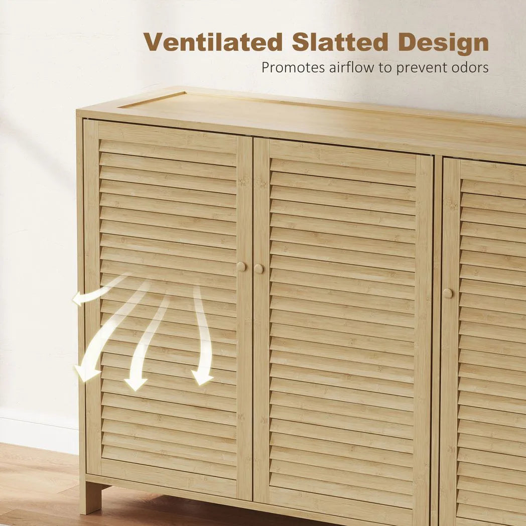 HOMCOM Bamboo Shoe Cabinet with Louvered Doors, 18 Pairs Shoe Storage Cabinet with Adjustable Shelves for Hallway, Natural